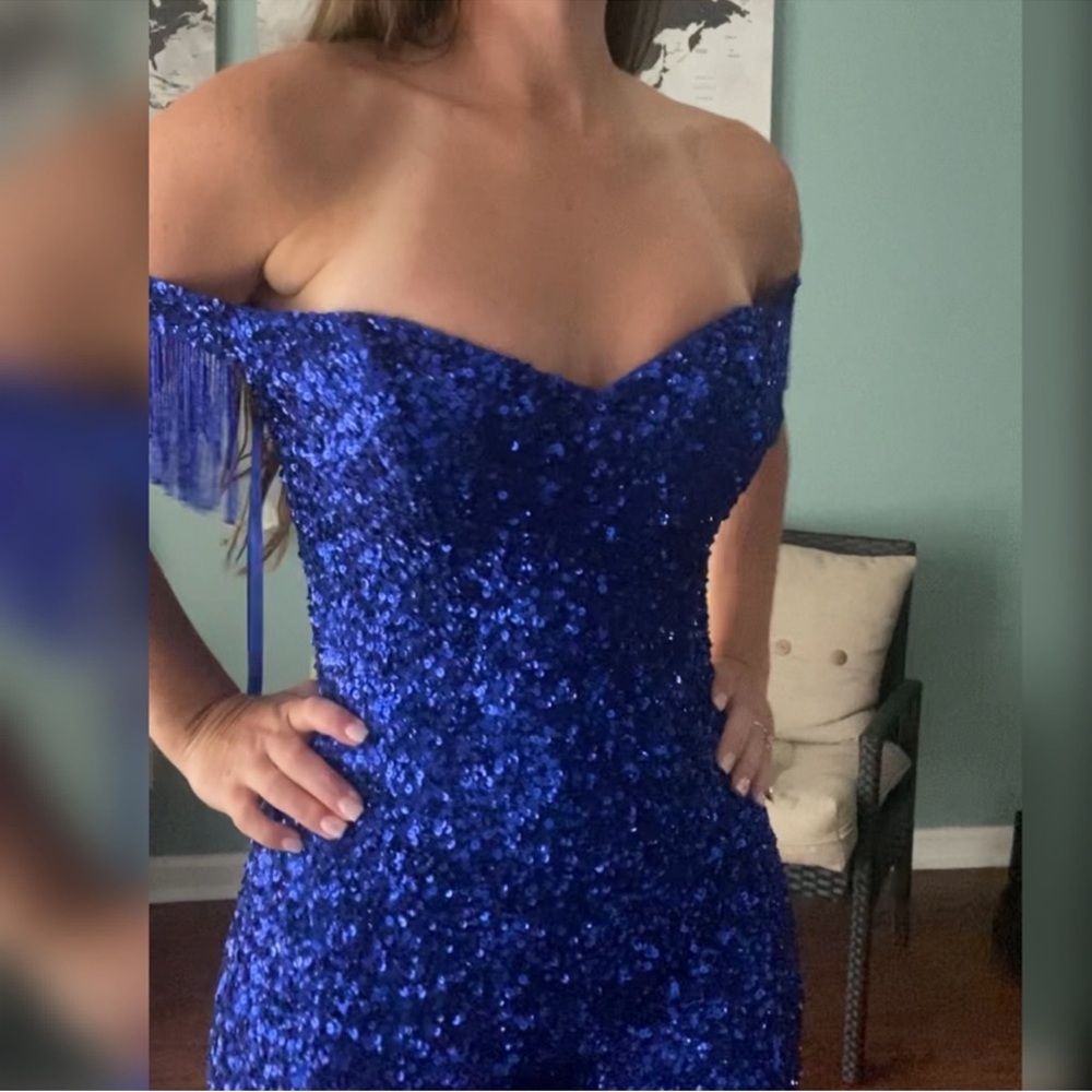 Sparkly blue jumpsuit alternative prom dress, pageant fun fashion runway talent - Picture 3 of 4